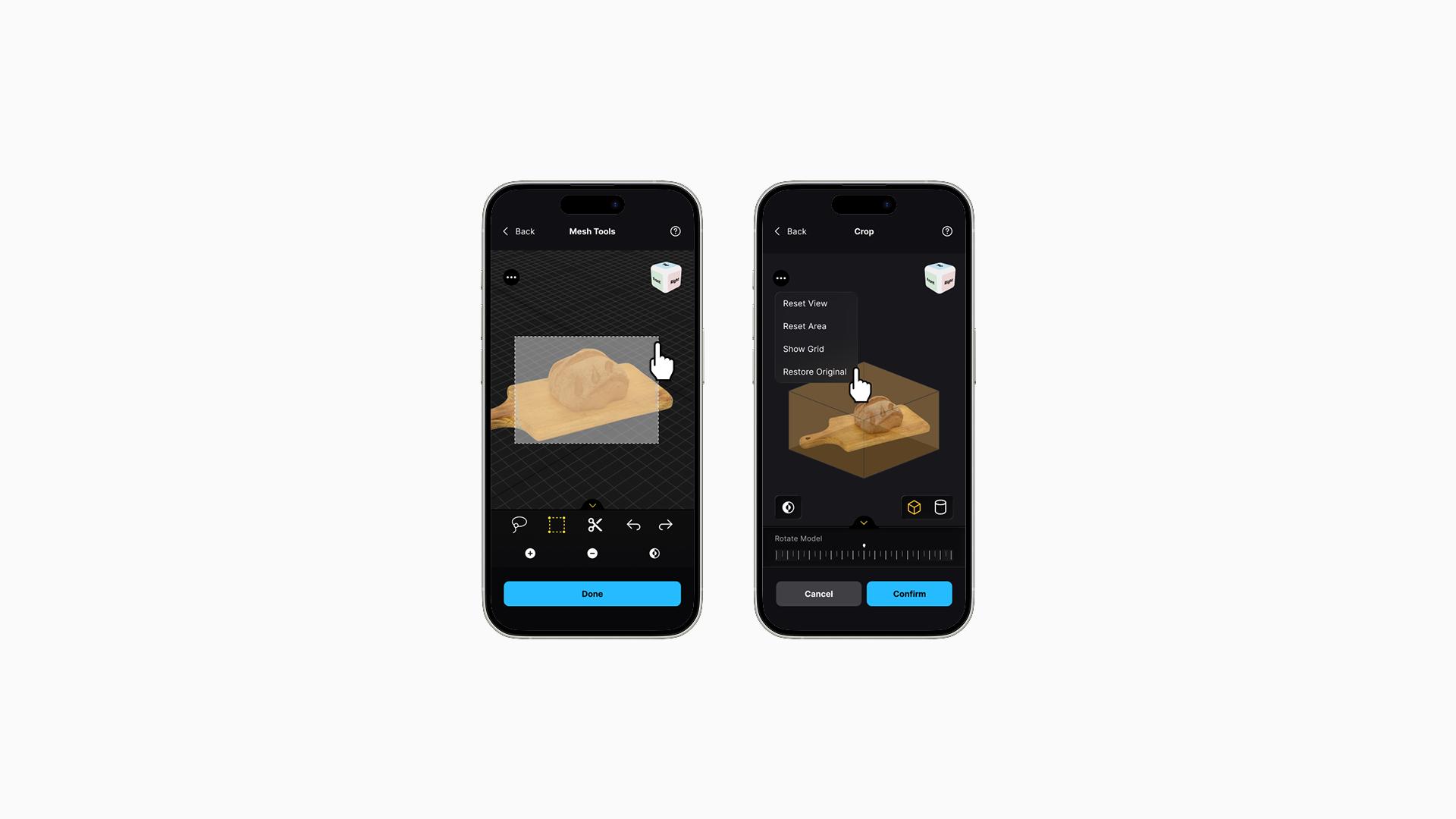 RealityScan context — Mesh Tools and Crop editing UI